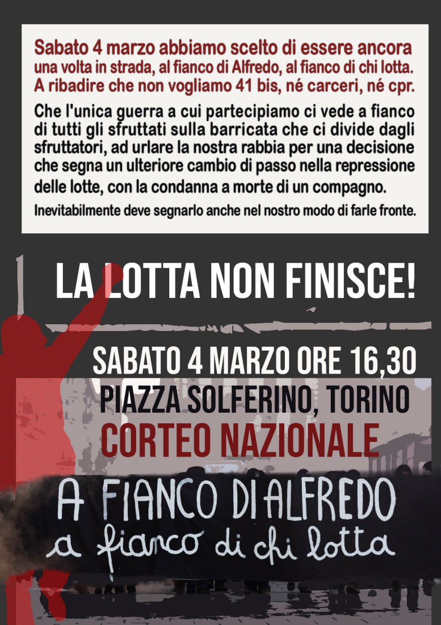 “Alfredo Cospito condannato a morte” sabato 4 marzo manifestazione