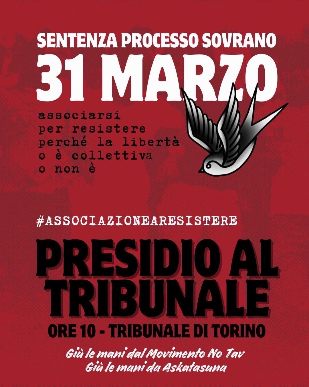 Sentenza Processo Sovrano: presidio al Tribunale di Torino di Associazione a Resistere