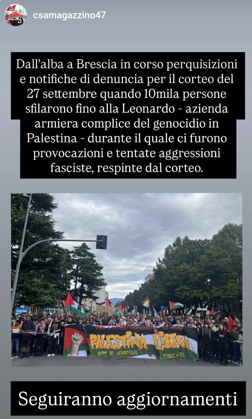 Brescia: perquisizioni, denunce e avvisi orali per il corteo del 27 settembre sotto Leonardo SPA