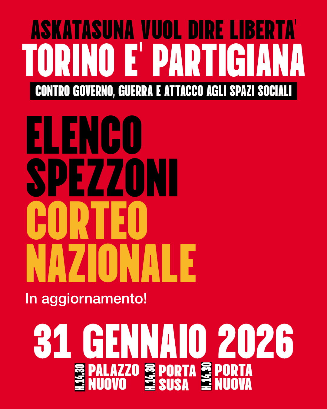 Verso il 31 gennaio Torino è partigiana: le convocazioni delle piazze tematiche