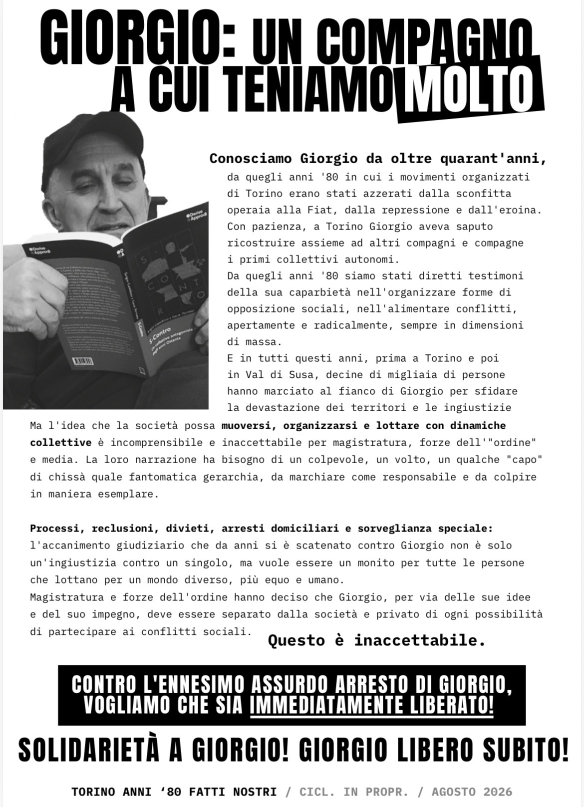 Giorgio Rossetto di nuovo in carcere. Intervista all’avvocato La Macchia / Messaggi di solidarietà